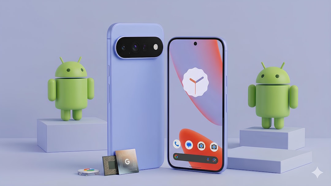 Two android robots flank a modern smartphone.