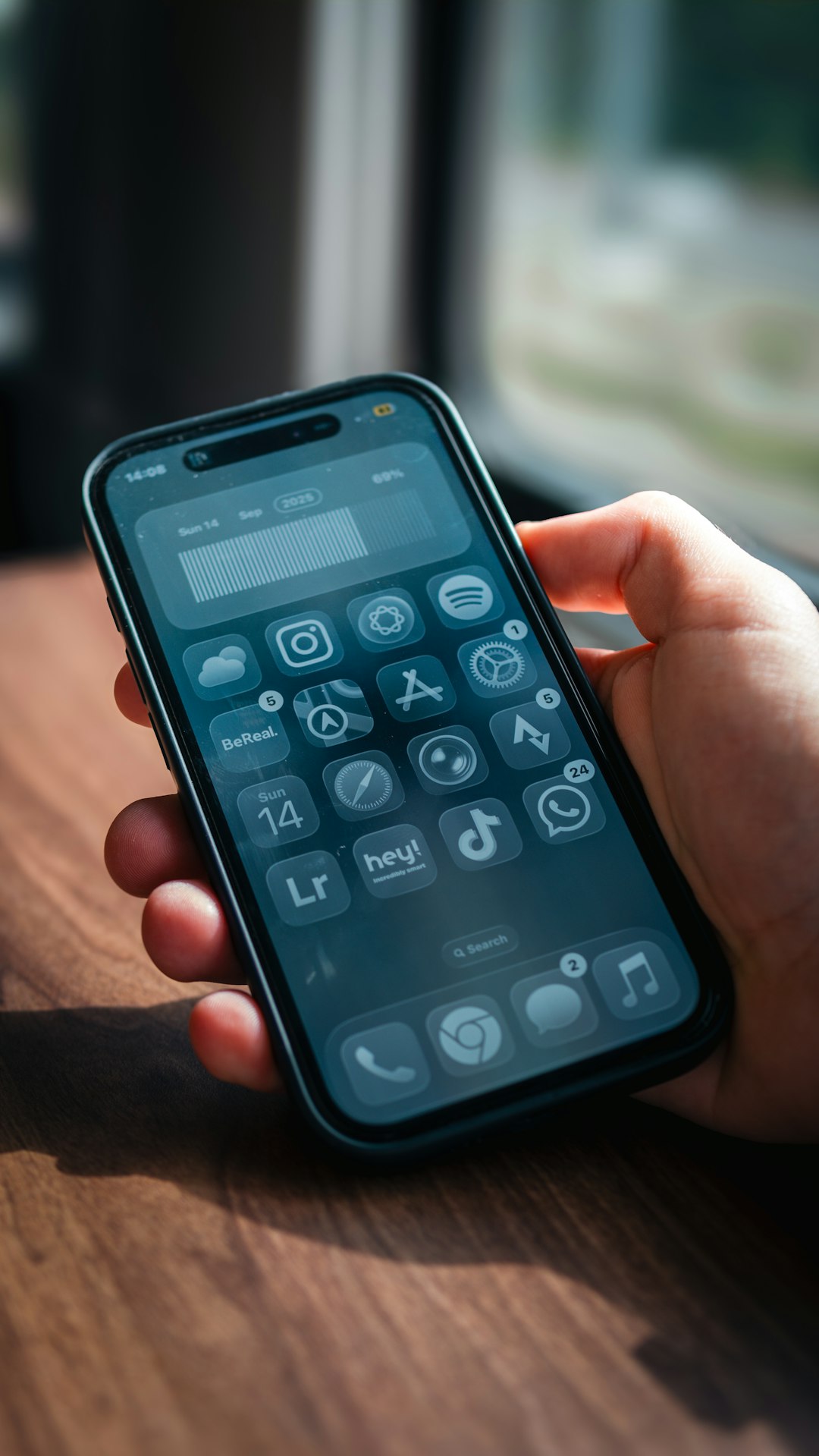 Hand holding a smartphone with various app icons displayed